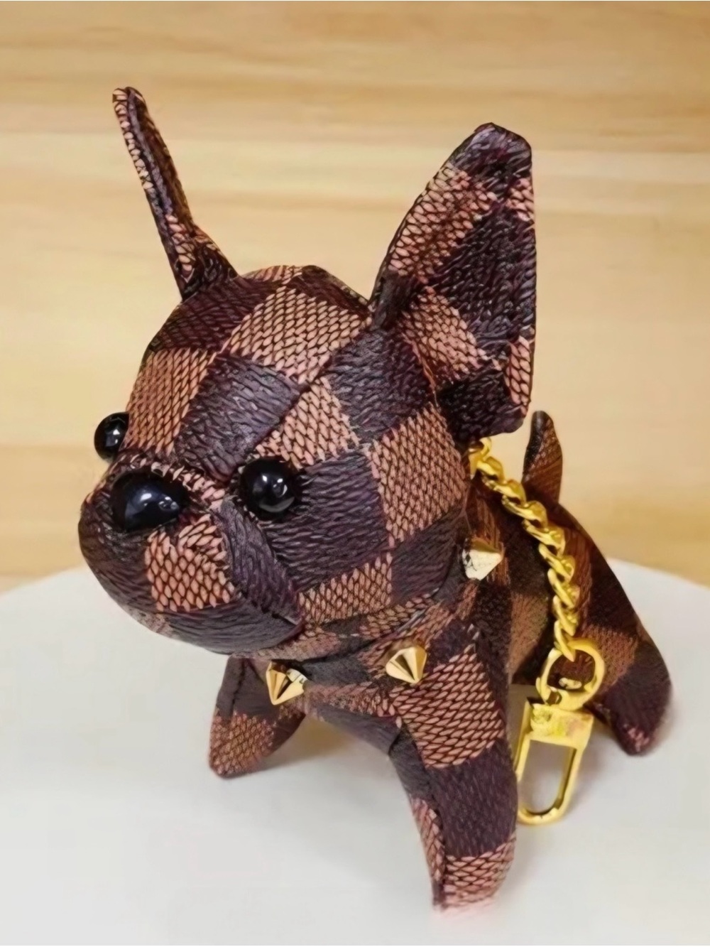 Checkerboard Brown French Bulldog Key/Bag Charm with Gold Chain NWOT - Picture 10 of 14